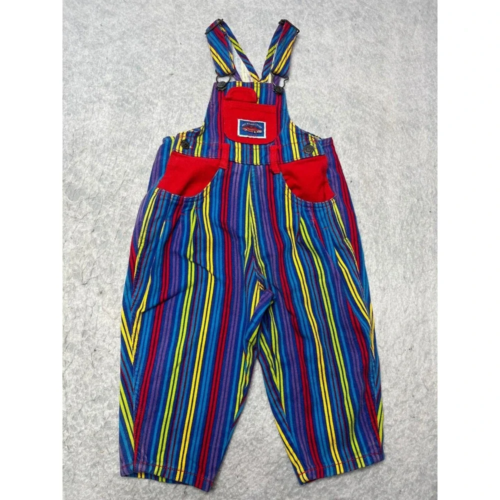 VTG The Childrens Place Kids Striped‎ Overalls Red Blue Yellow 24-30 Months rare